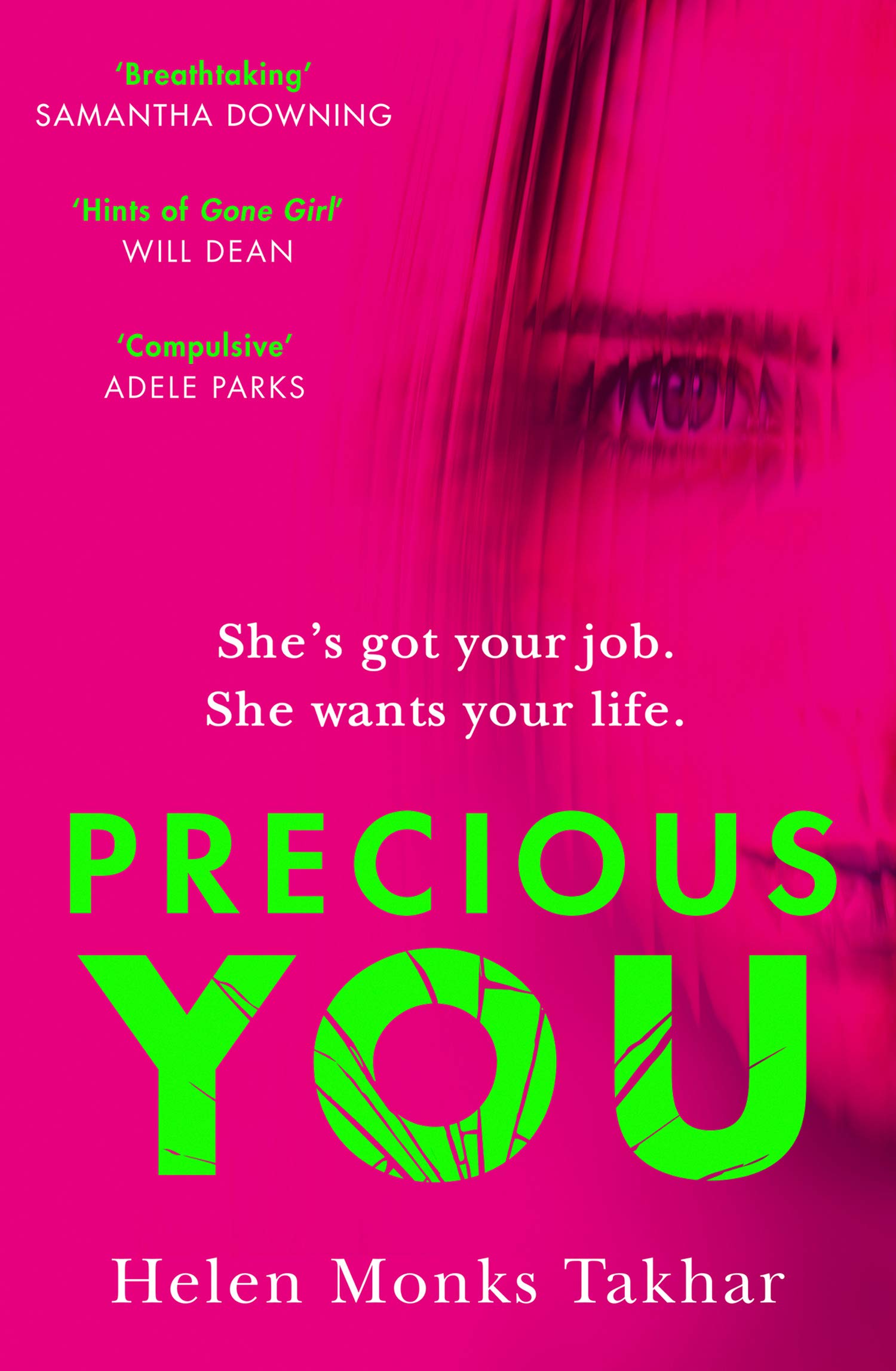 Lime writing, pink background, woman's half face